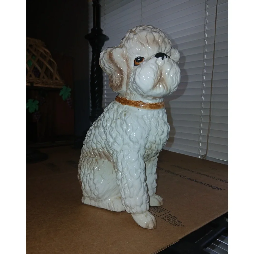 White Ceramic Poodle Dog Figurine Statue with Brown Collar, Dog Breed Poodle